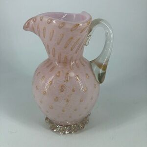 Vintage Murano Hand-Blown Art Glass Pink with Gold Bullicante Pitcher